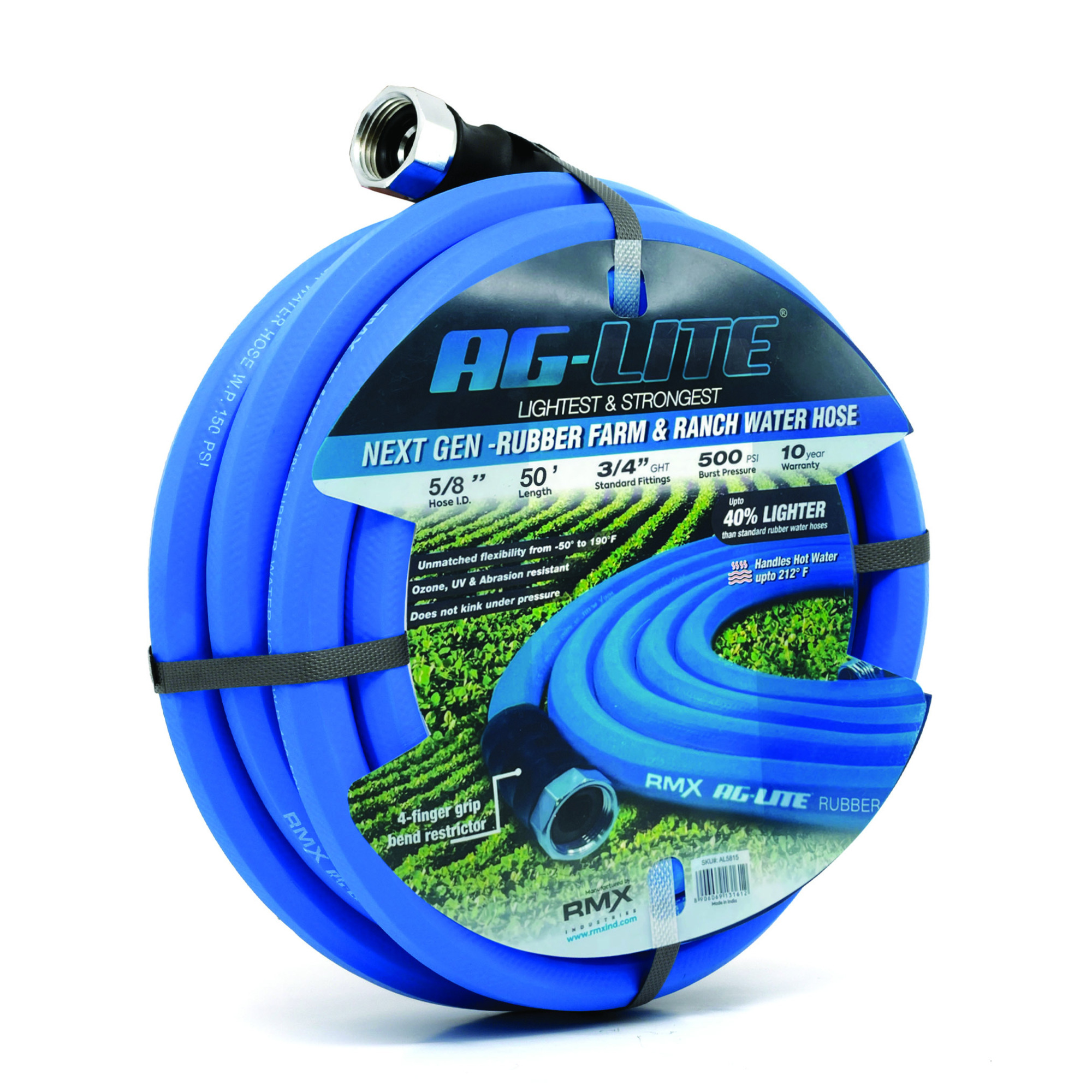 Aglite, 5/8in. x 50ft. Rubber Water Hose - Heavy-Duty, Length 50 ft, Hose Connection Size 5/8 in, Max. Pressure 500 PSI, Model# AL5850